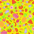 Funny vegan seamless pattern with colorful fruits and vegetables.